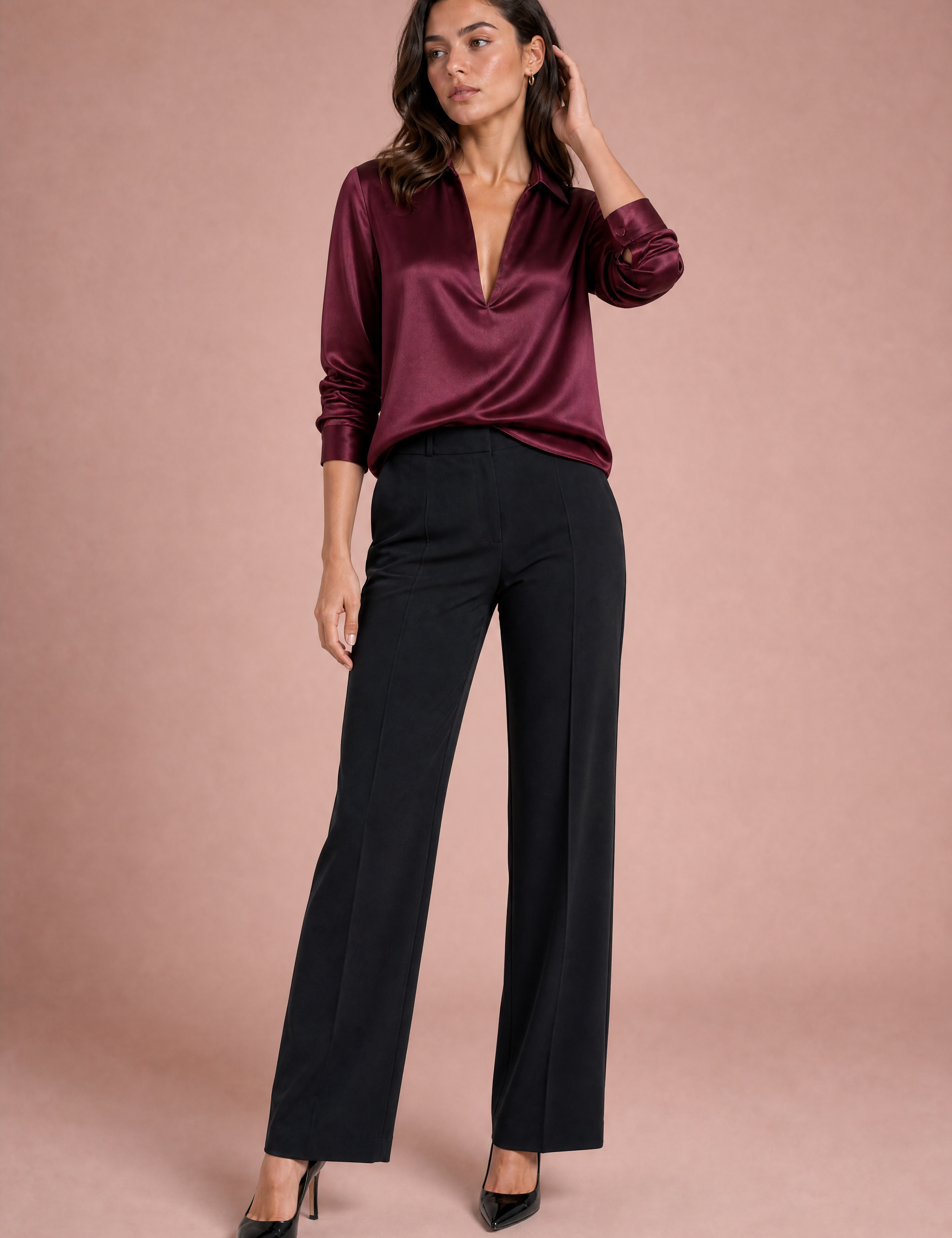 Chemise fluide col V | Variante Bordeaux | Lounelle Paris
