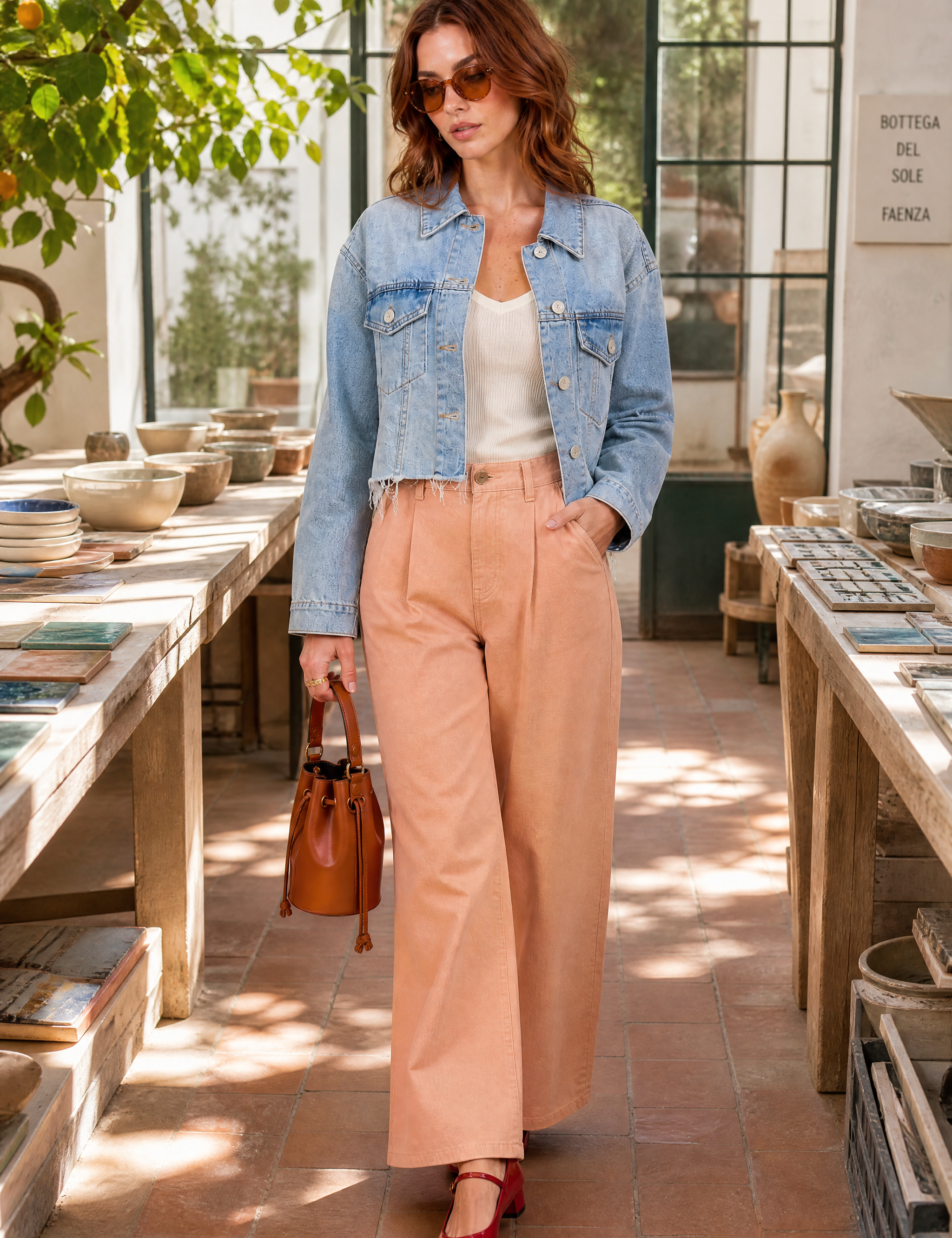 Veste en jean bleu clair courte effilochée | Photo lifestyle | Lounelle Paris
