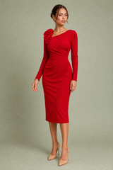 3D Flower Detail Asymmetric Midi Dress