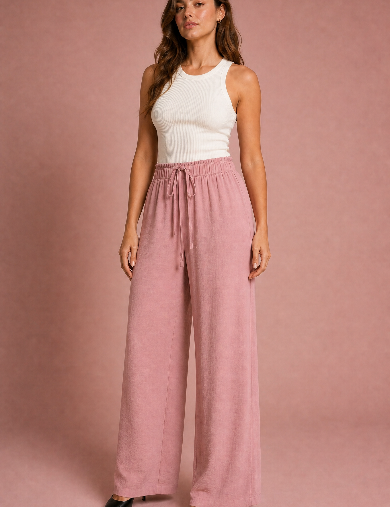 Pantalon fluide large taille cordon | Variante Rose | Lounelle Paris