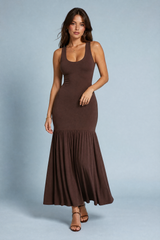Brown Wide-Strap Knit Maxi Dress