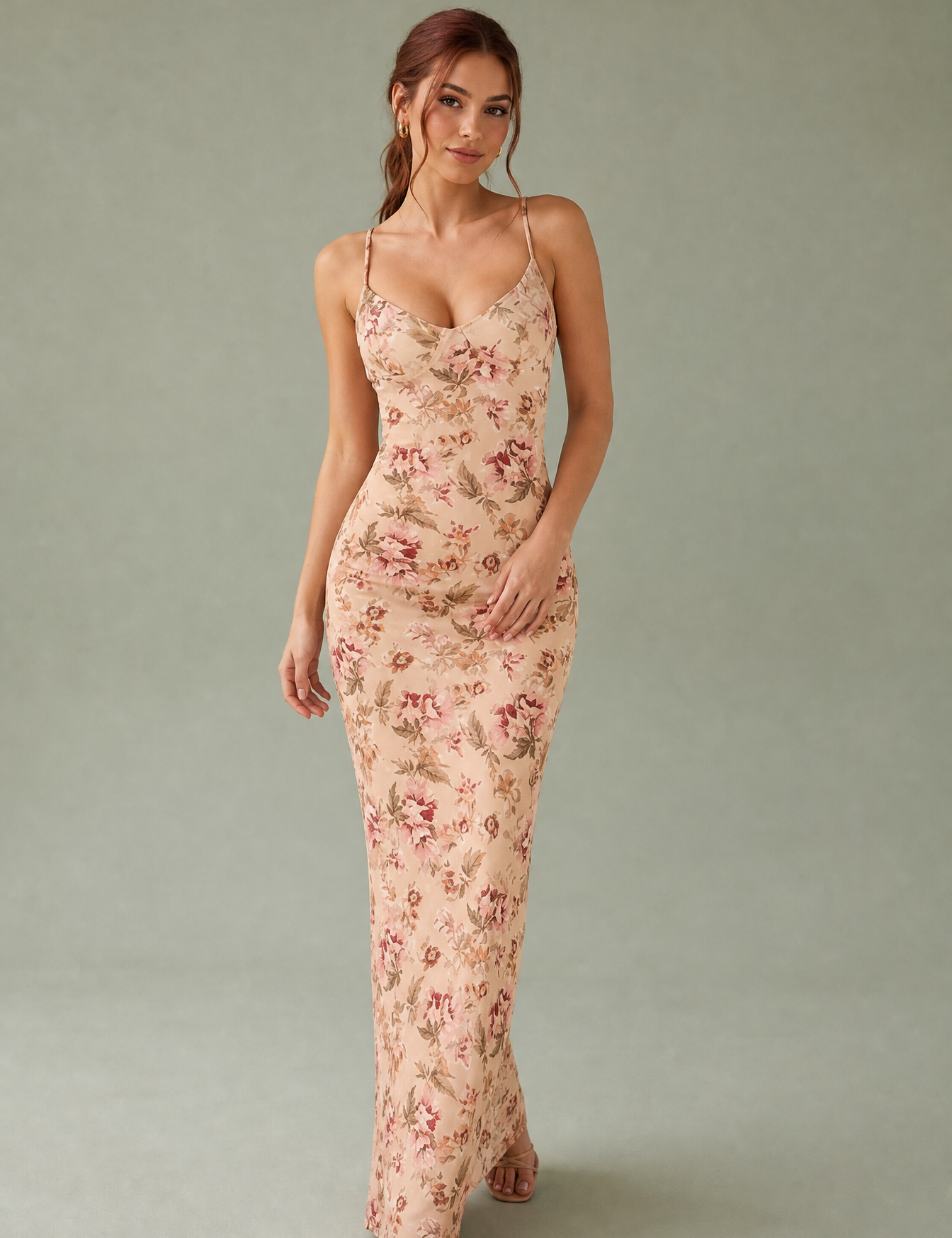 Robe longue abricot fleurie dos nu | Vue de face | Lounelle Paris
