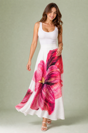 Jupe longue rose à imprimé floral | Vue en mouvement | Lounelle Paris