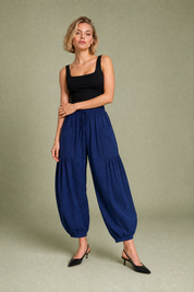 Pantalon large taille haute plissé | Variante Bleu | Lounelle Paris
