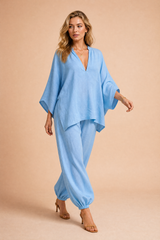 Light Blue Linen-Look V-Neck Pants Set