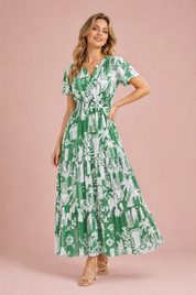 Robe longue verte imprimée col V | Vue de face | Lounelle Paris