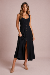 Square-Neck Button-Front Midi Dress