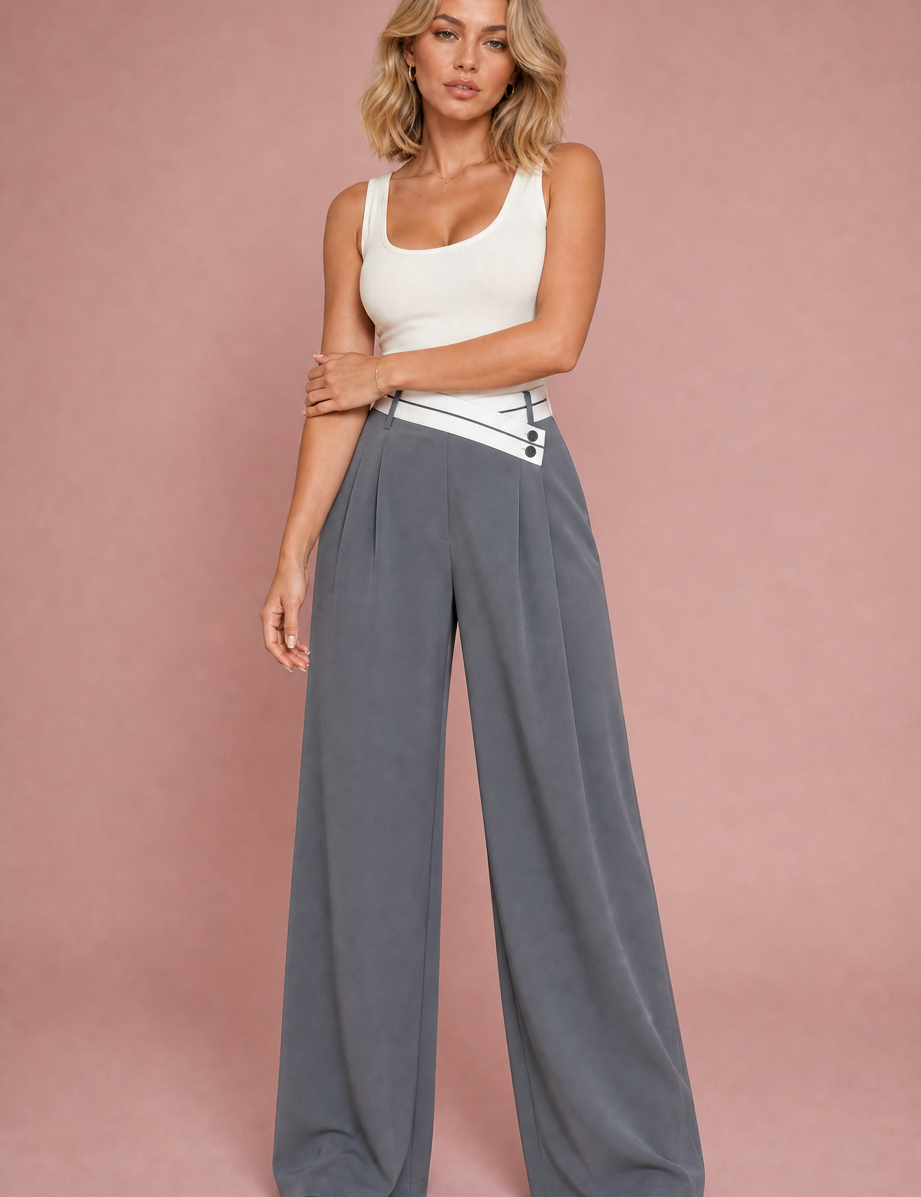 Pantalon large taille haute croisée | Variante Gris | Lounelle Paris