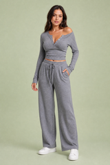 V-neck top and wide-leg trousers