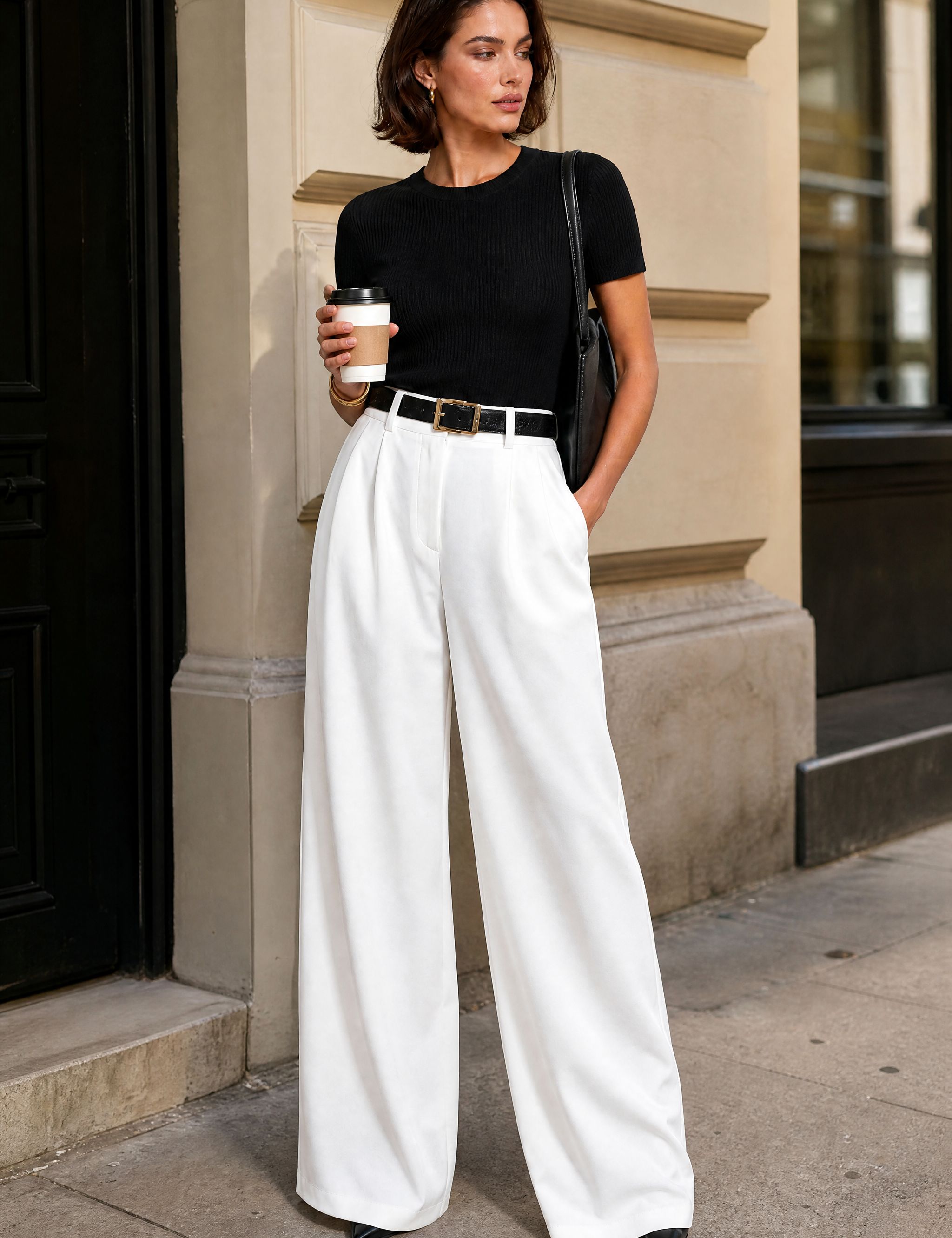 Pantalon taille haute jambes larges | Photo lifestyle | Lounelle Paris