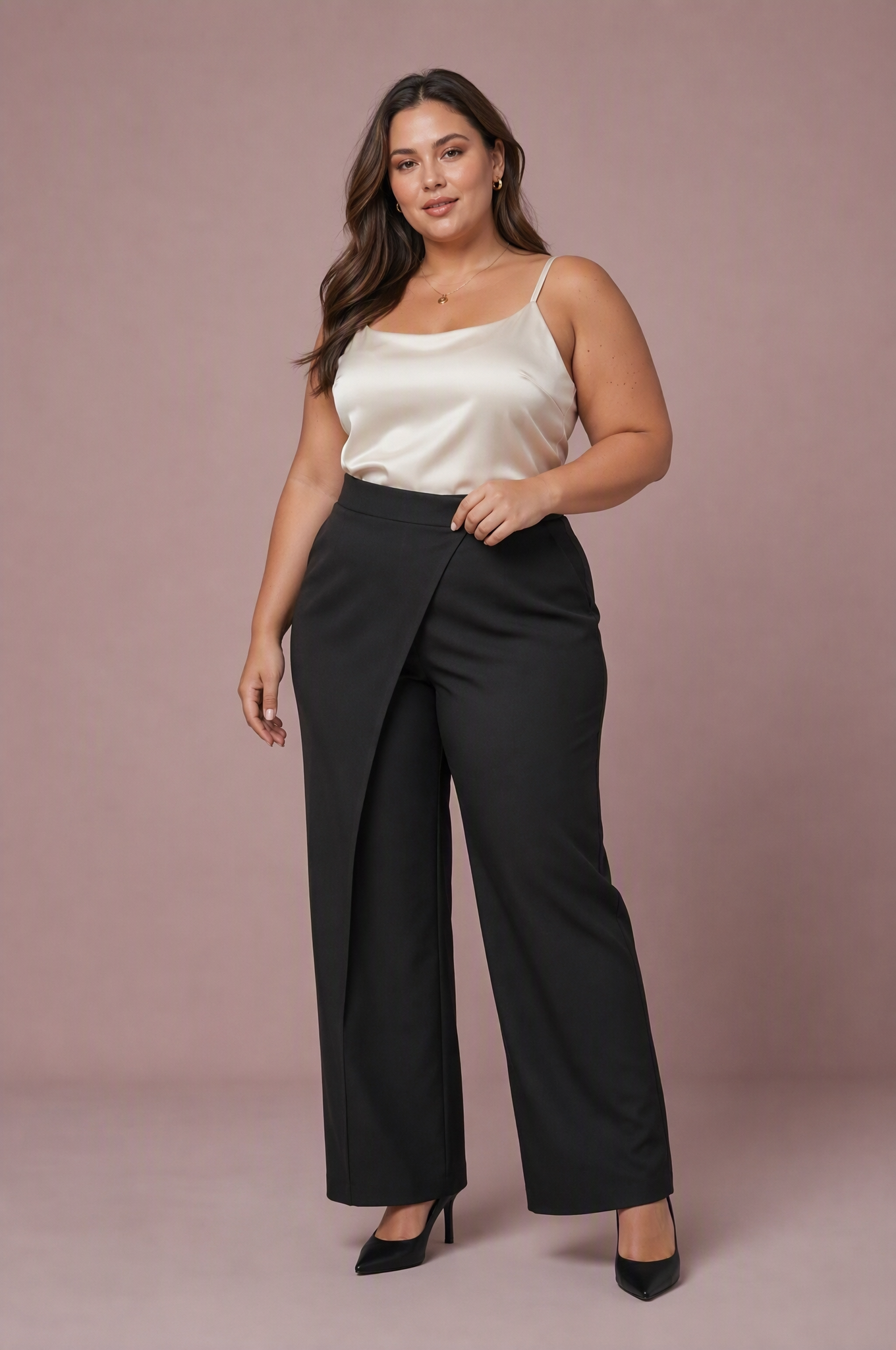 Pantalon taille haute asymétrique | Porté sur une silhouette plus ronde | Lounelle Paris