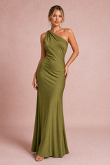 Olive Green One-Shoulder Open-Back Maxi Dress
