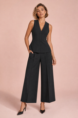 Black V-Neck High-Waisted Pants Set