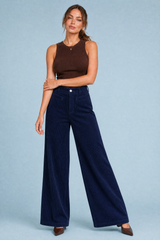 White High-Waisted Wide-Leg Corduroy Pants