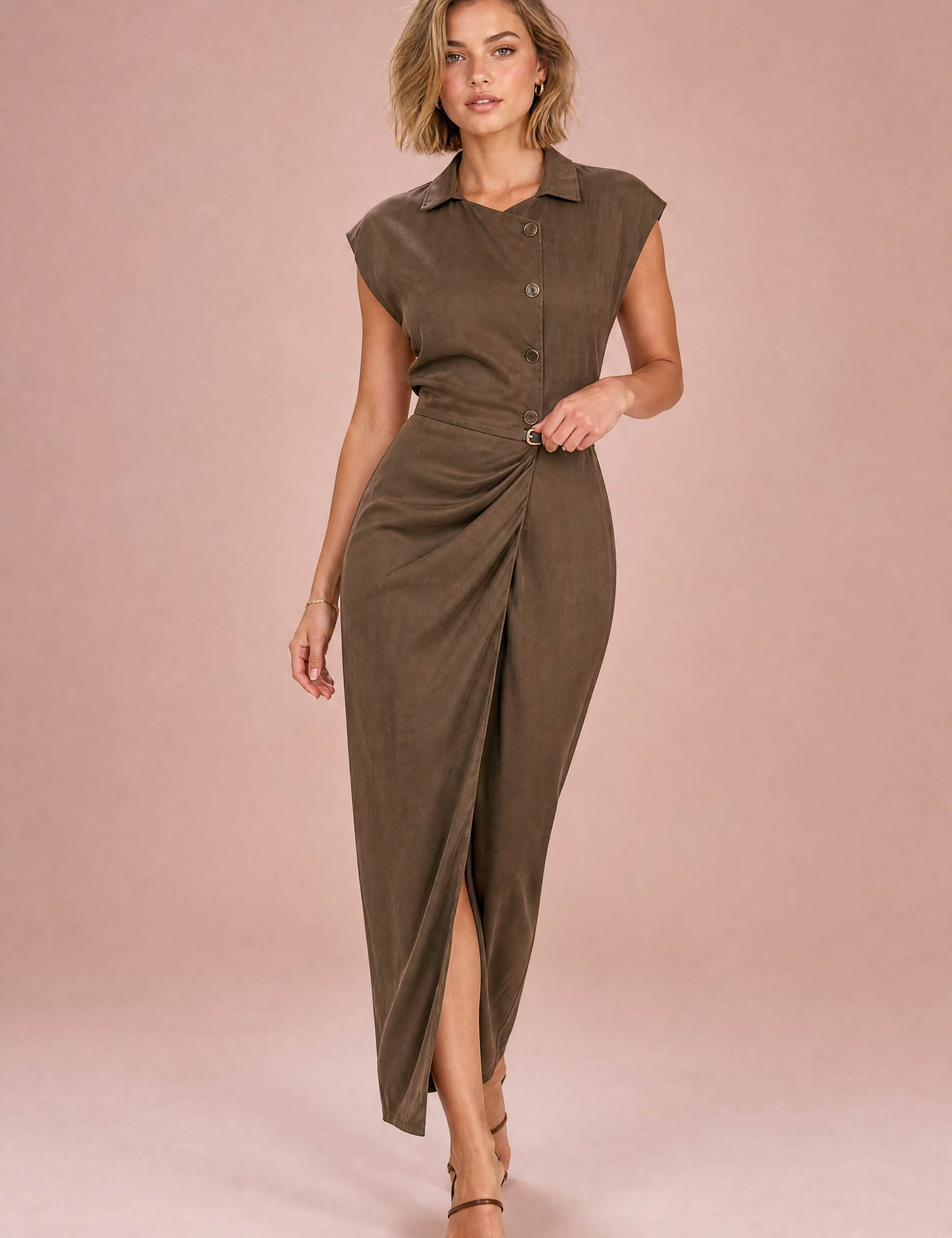 Robe longue marron col chemise | Vue de face | Lounelle Paris