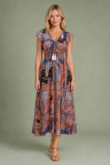 Paisley Print V-Neck Midi Dress