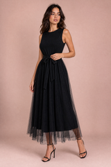 Black Tulle Overlay Tie-Waist Maxi Dress