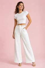 White Wide-Leg Pants with Lace Belt