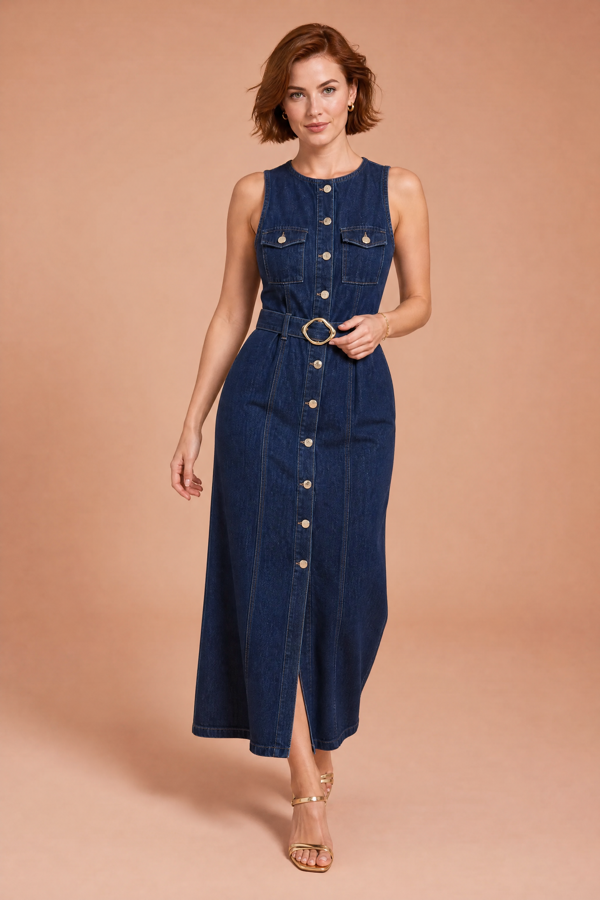 Robe longue bleu foncé sans manches | Vue de face | Lounelle Paris