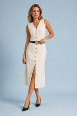 Cream V-Neck Belted Skirt Set
