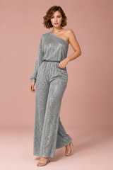 Silver Sequin One-Shoulder Wide-Leg Jumpsuit
