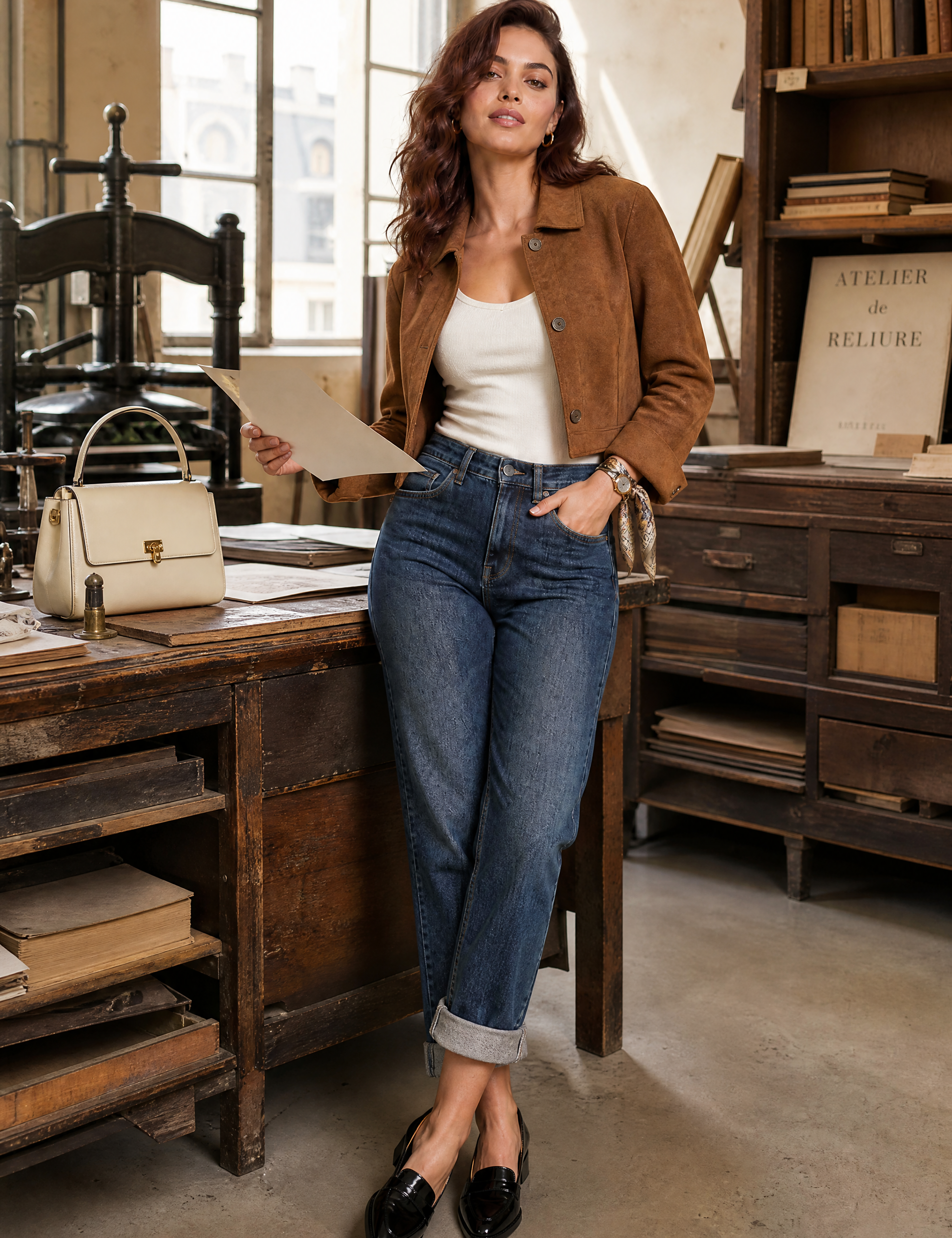 Jean mom bleu foncé taille haute coupe droite | Photo lifestyle | Lounelle Paris