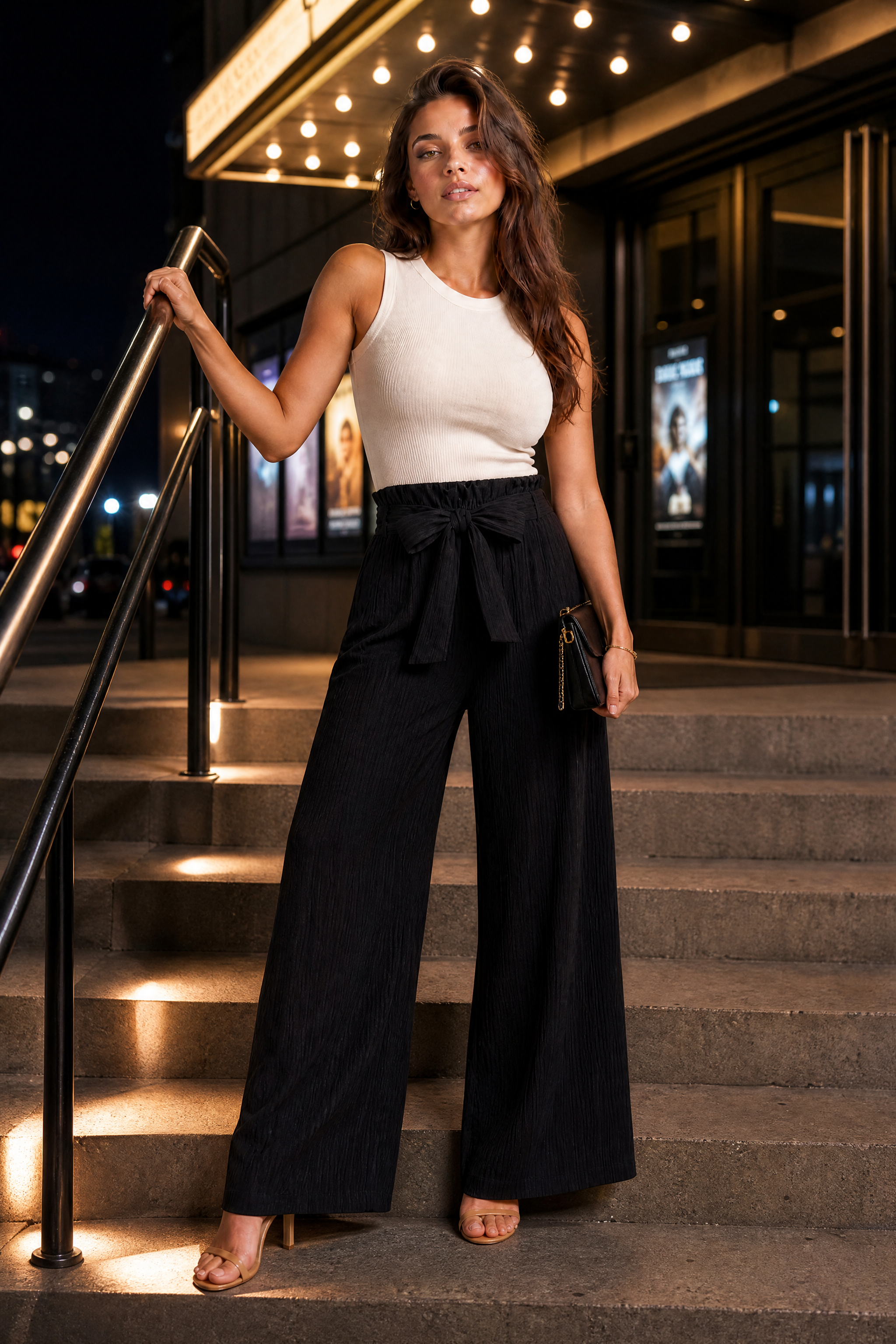 Pantalon large taille haute à nouer | Variante Noir - Lifestyle | Lounelle Paris