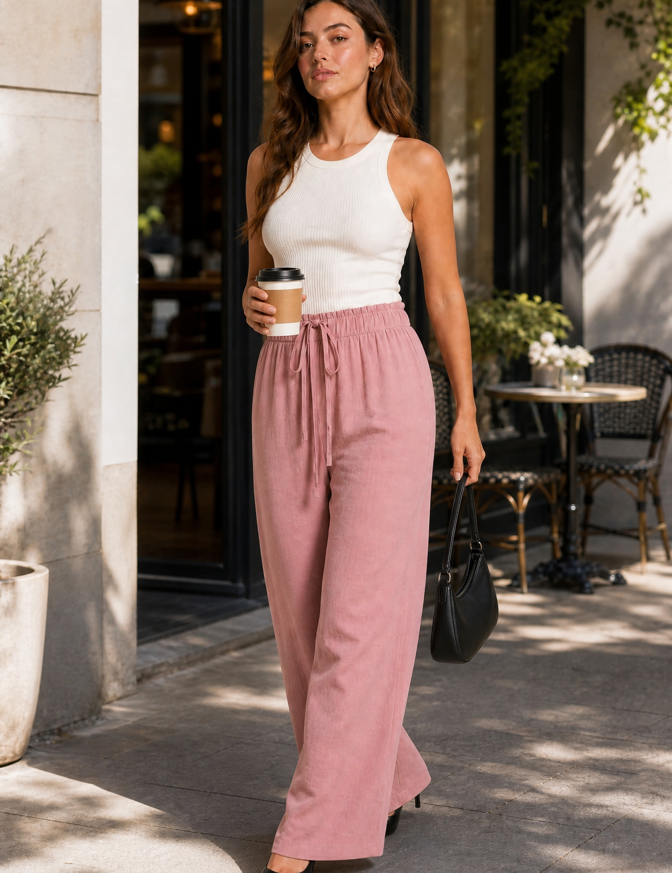 Pantalon fluide large taille cordon | Variante Rose - Lifestyle | Lounelle Paris