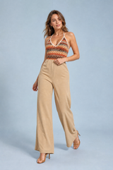 Beige Halter-Neck Backless Jumpsuit