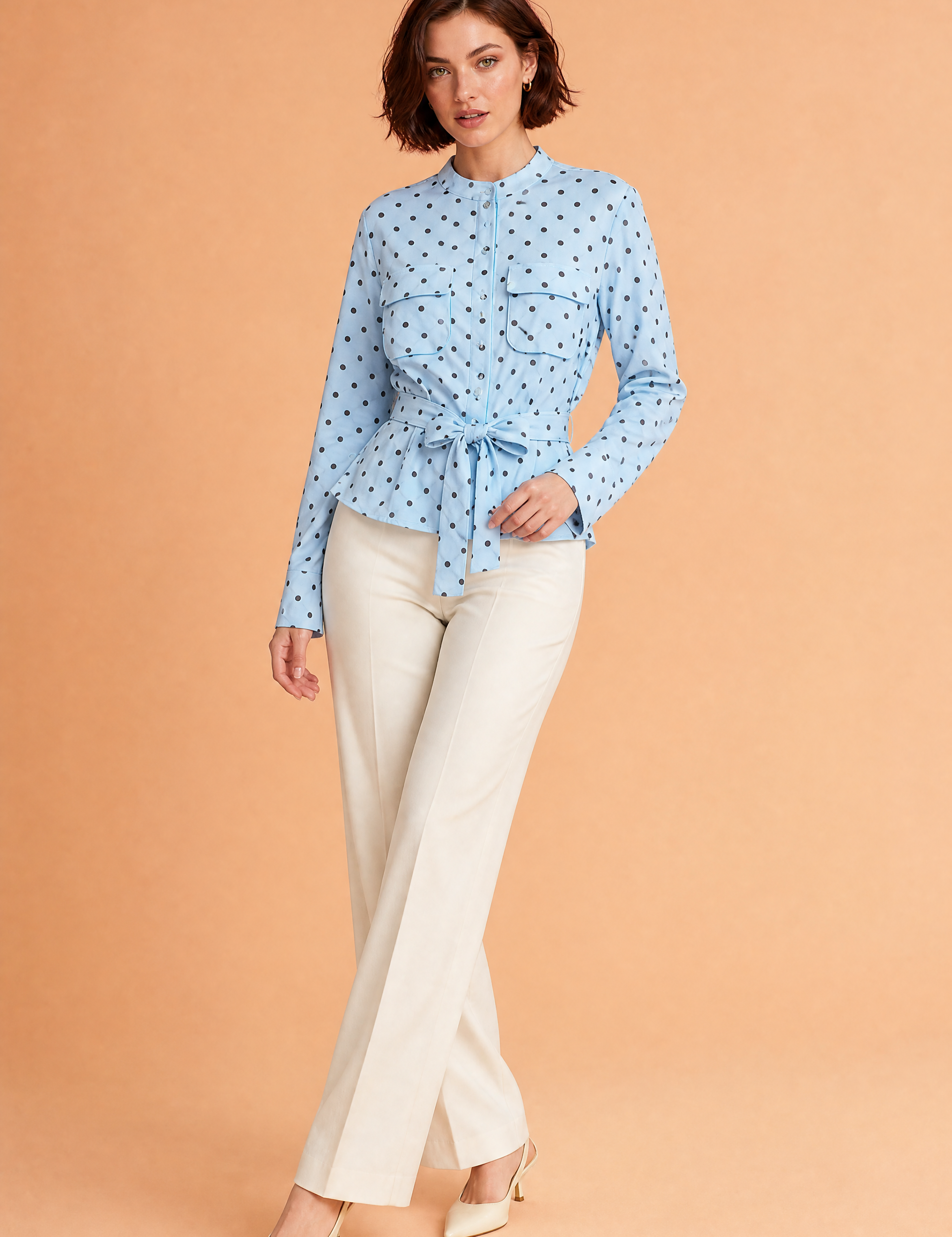 Veste chemise bleu clair à pois | Vue de face | Lounelle Paris