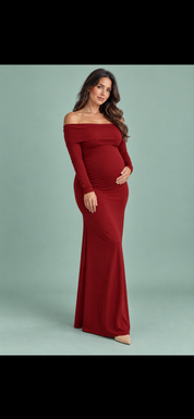 Burgundy Maternity Ruched Mesh Bardot Maxi Dress