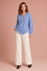 Waffle-Knit Collared Button Top