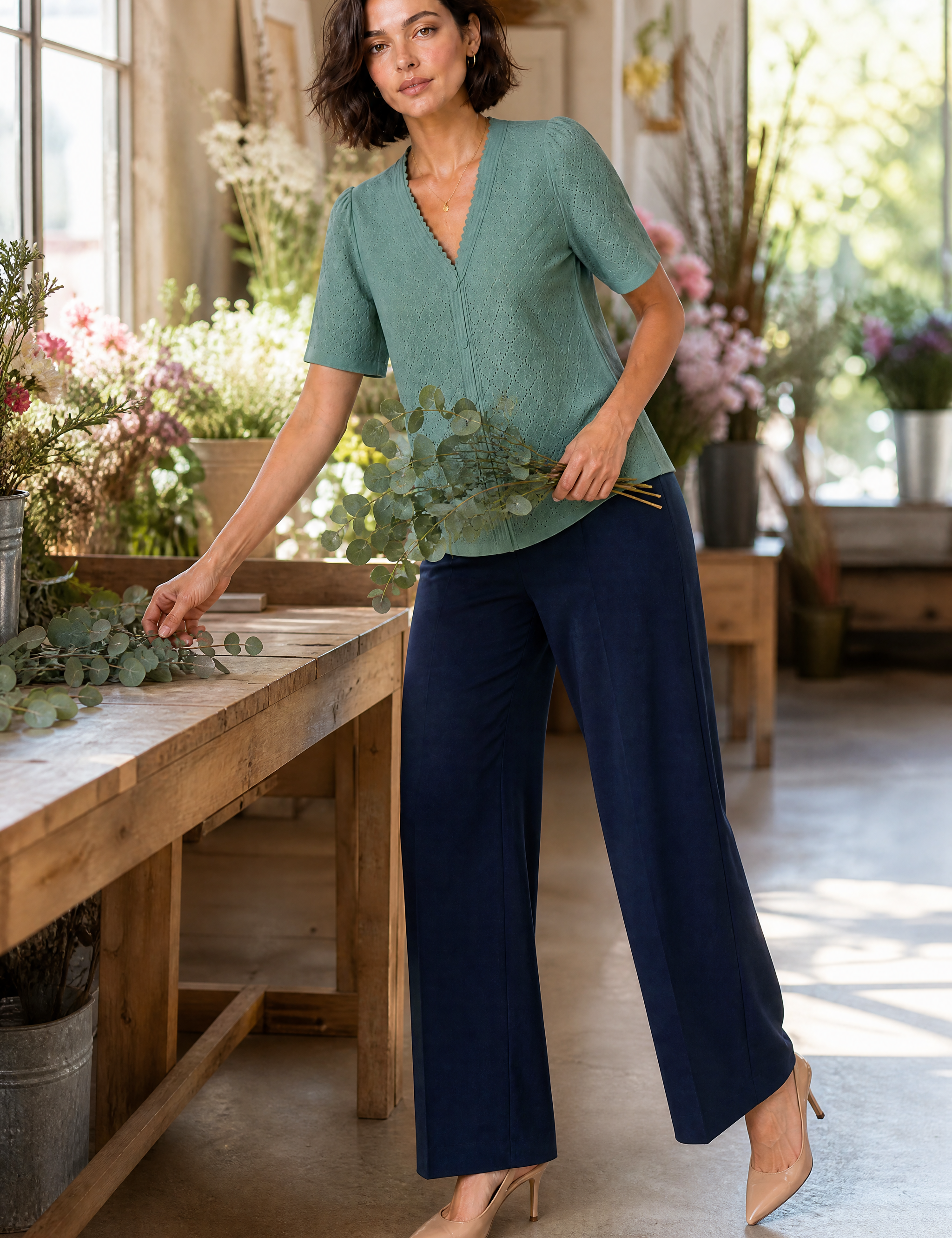 Blouse blanche col V ajourée | Variante Vert - Lifestyle | Lounelle Paris
