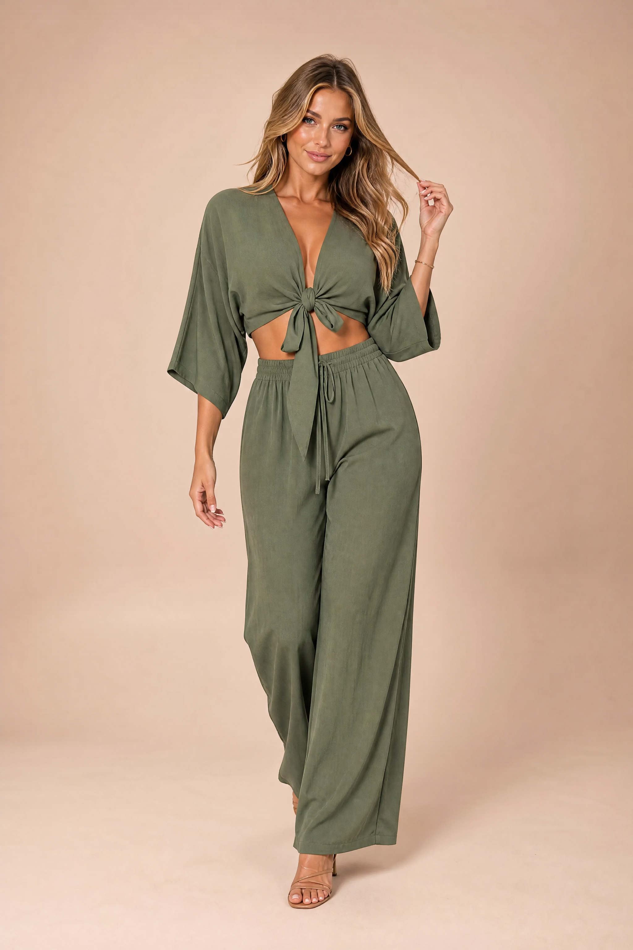 Ensemble crop top noué pantalon large | Vue de face | Lounelle Paris