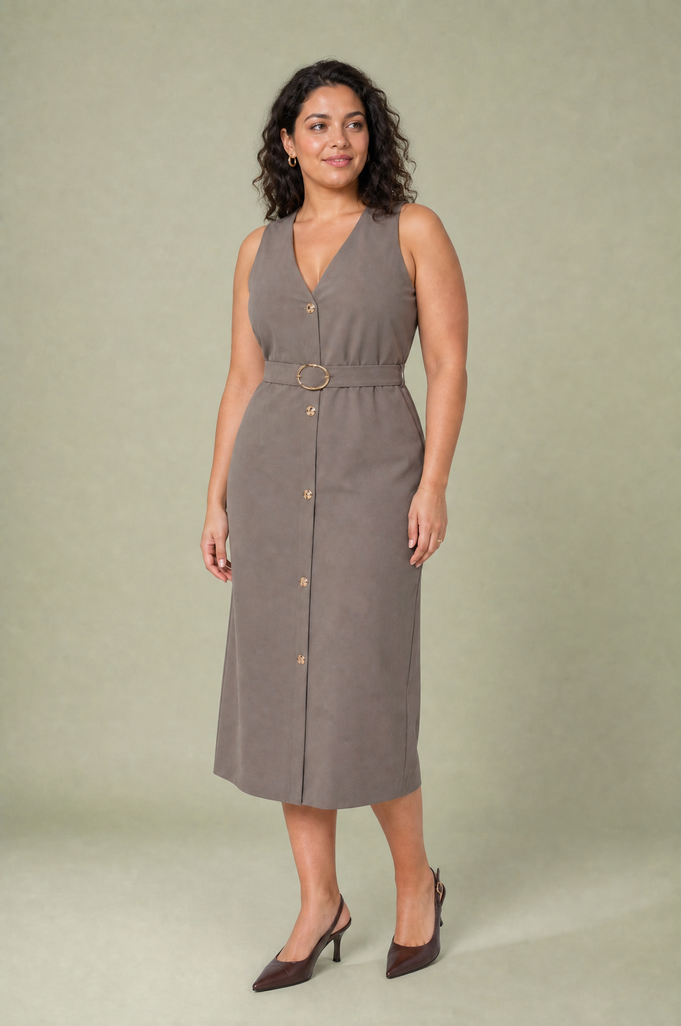 Robe midi col V ceinturée | Porté sur une autre silhouette | Lounelle Paris
