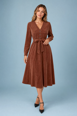 Brown Corduroy V-Neck Dress