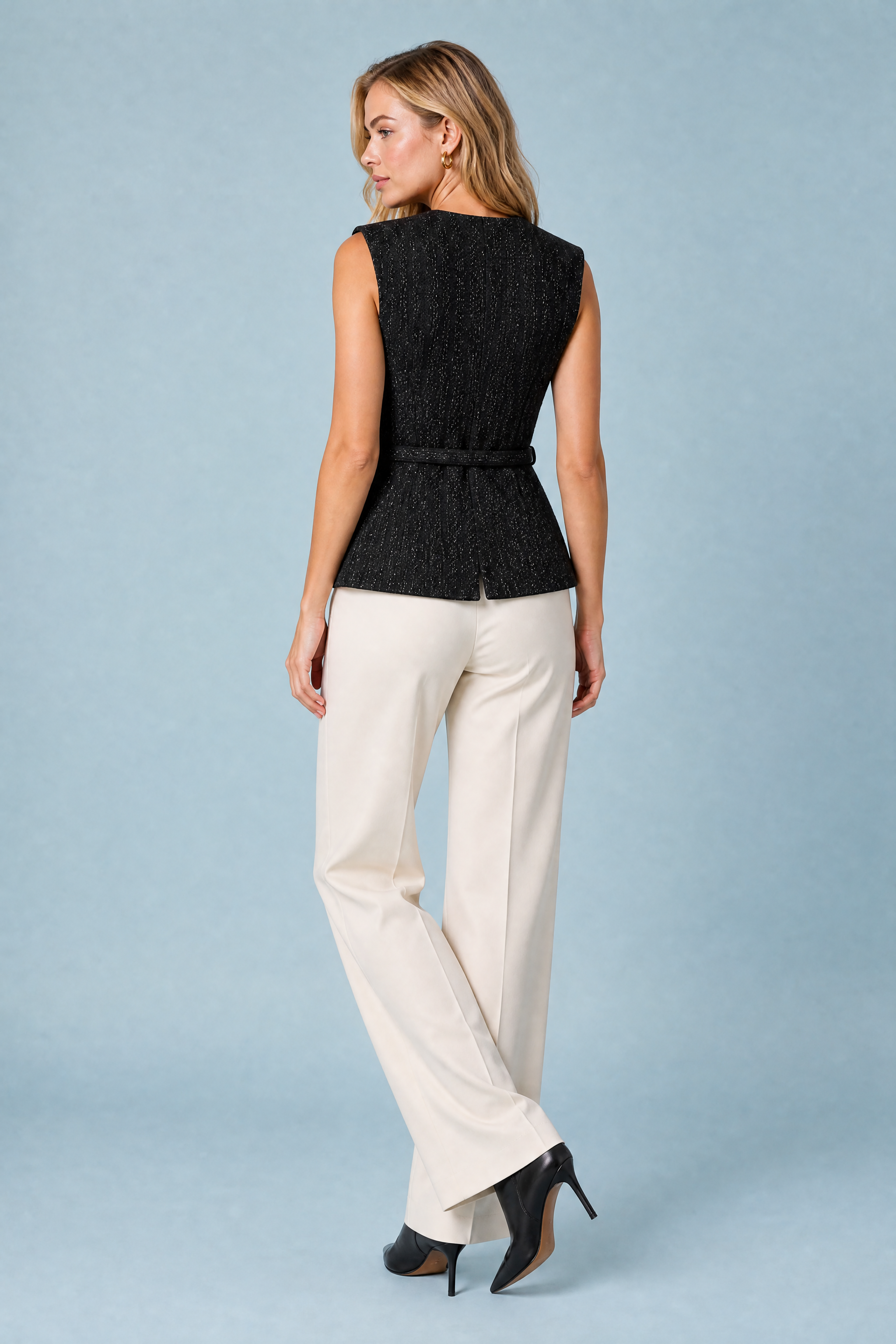Gilet sans manches tweed ceinturé | Vue de dos | Lounelle Paris