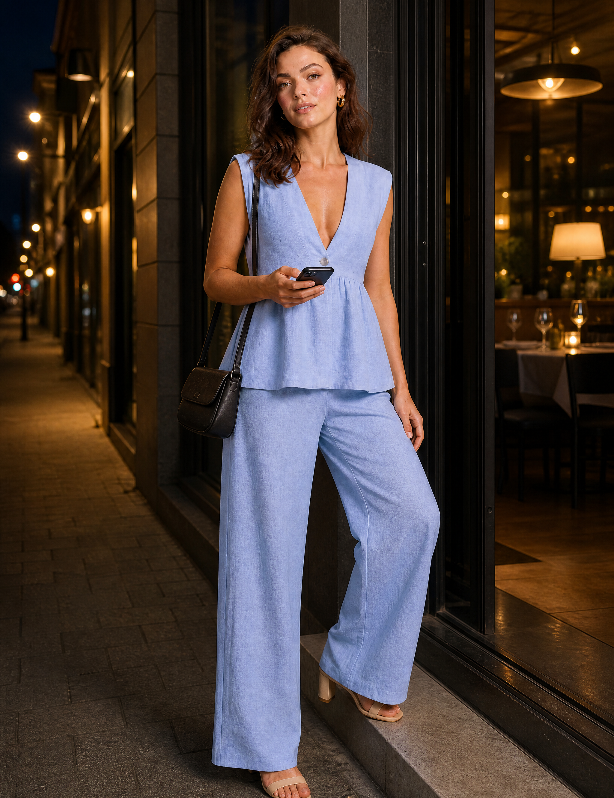 Ensemble pantalon jaune col V | Variante Bleu - Lifestyle | Lounelle Paris