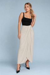 Beige Draped Wrap Midi Skirt