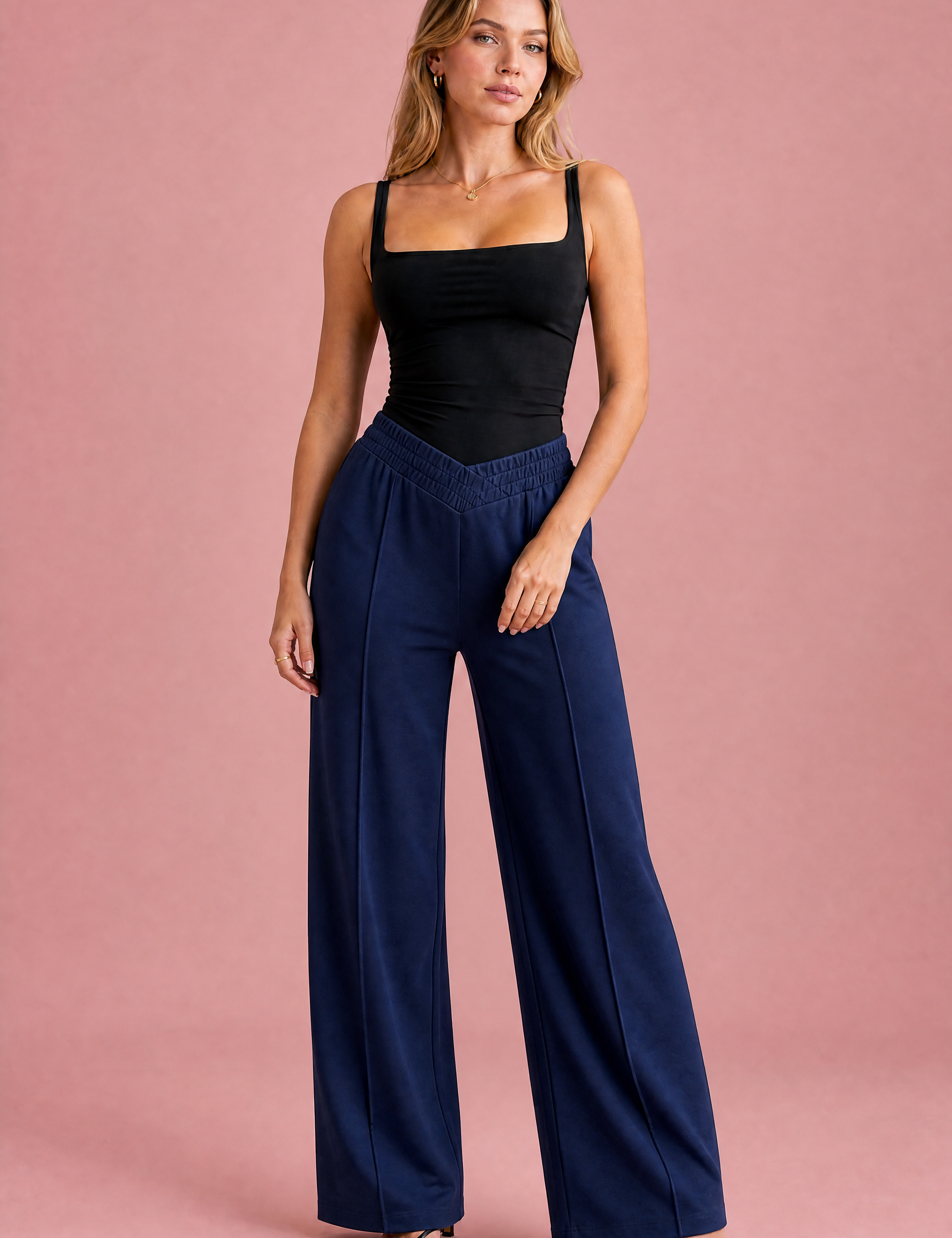 Pantalon large taille élastique en V | Variante Bleu marine | Lounelle Paris