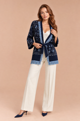 Navy Belted Fringe-Trim Cardigan