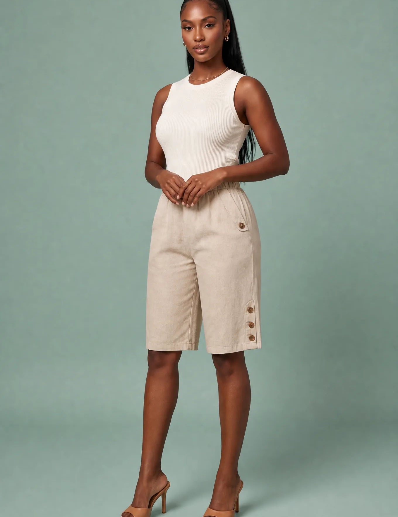 Bermuda droit taille haute | Variante Beige | Lounelle Paris