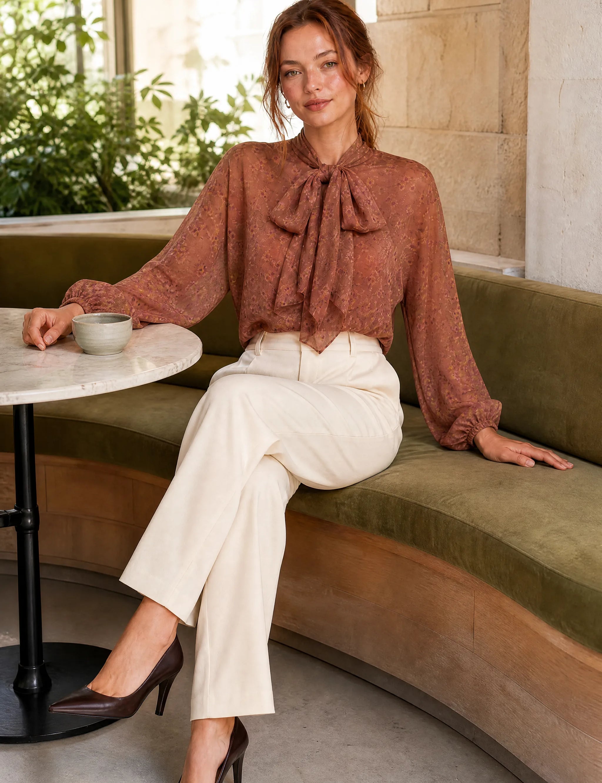 Blouse marron fleurie col lavallière | Photo lifestyle | Lounelle Paris