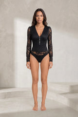 Body noir dentelle manches longues