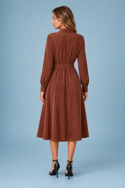 Robe marron col V velours côtelé | Vue de dos | Lounelle Paris