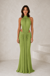 Ruched Draped High-Neck Maxi Dress