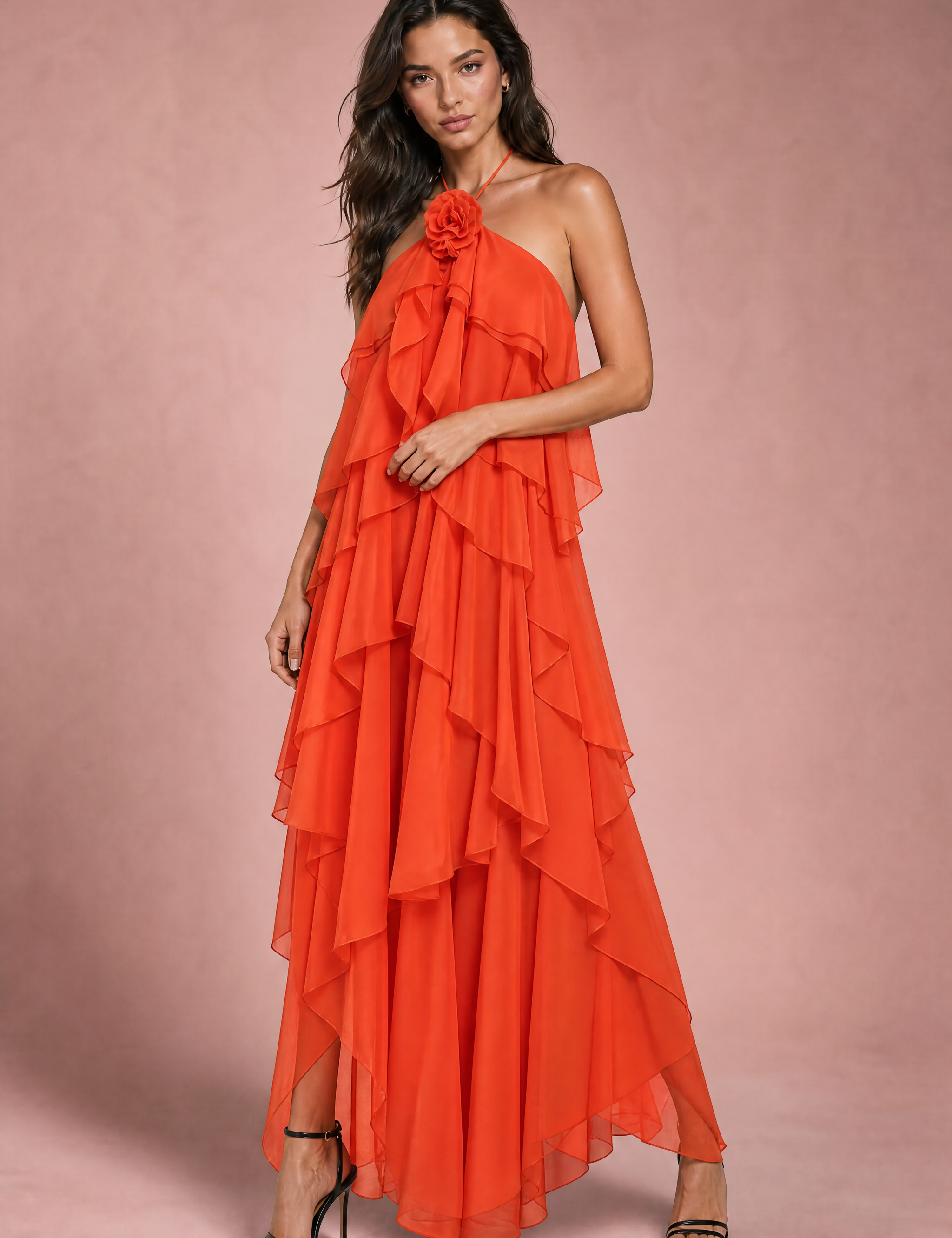 Robe longue dos nu à volants | Variante Rouge | Lounelle Paris