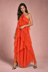 Ruffled Backless Halter Maxi Dress