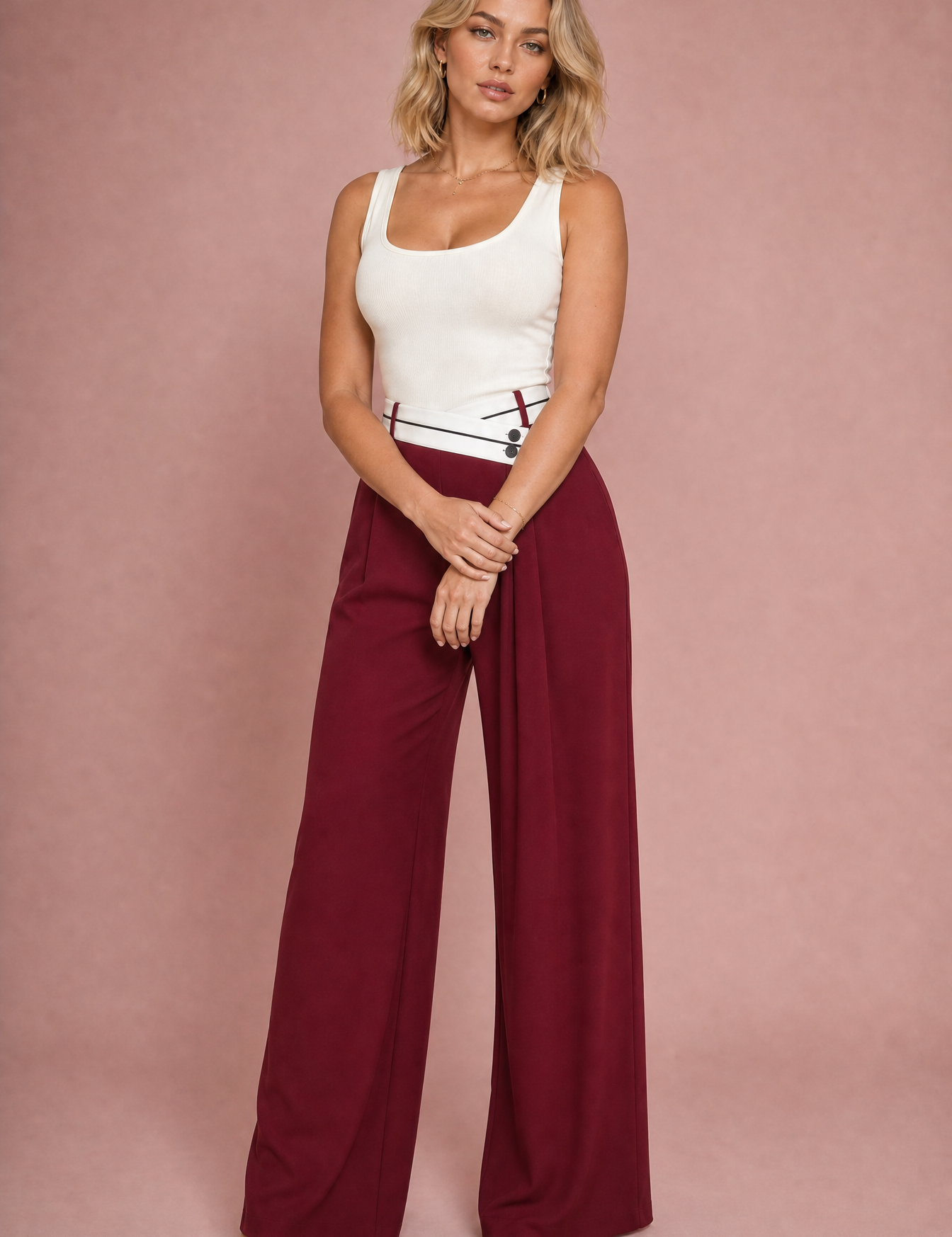 Pantalon large taille haute croisée | Variante Bordeaux | Lounelle Paris