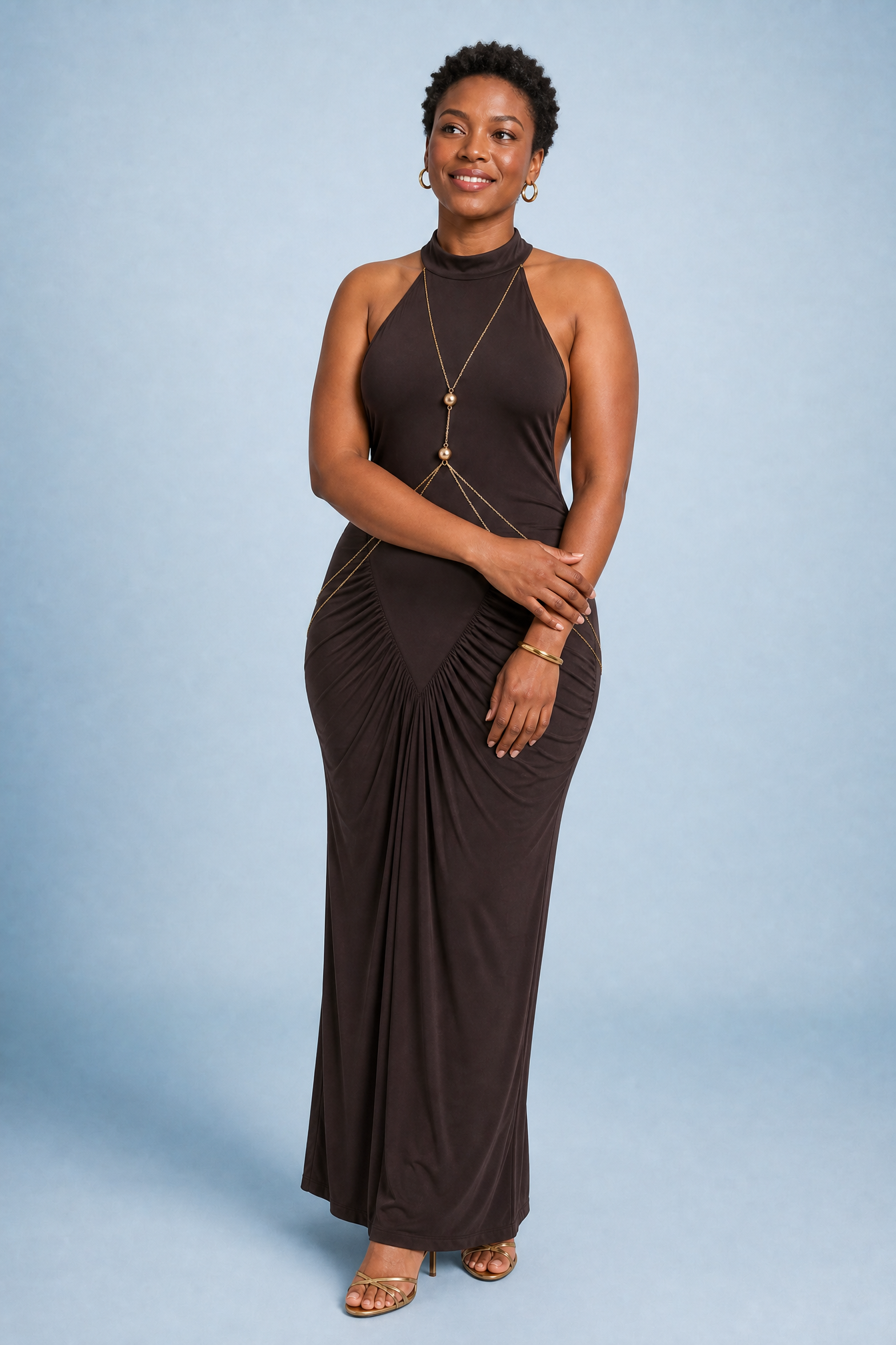 Robe longue marron col licou | Porté sur une autre silhouette | Lounelle Paris